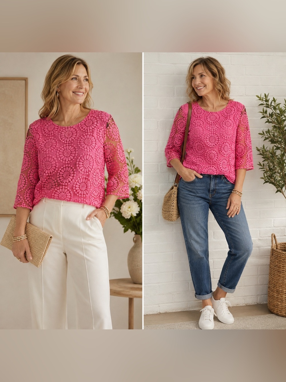 Boden Pink Floral Embroidered Cotton Organza Top Sheer 3/4 Sleeve Blouse Size 4